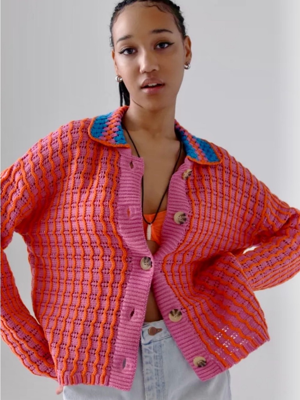 BDG Pink and Orange Crochet Cardigan